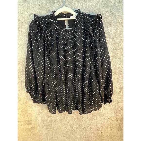 Mustard Seed Blouse Small Black Chiffon Polka Dot Ruffles Whimsigoth Twee - Picture 1 of 7